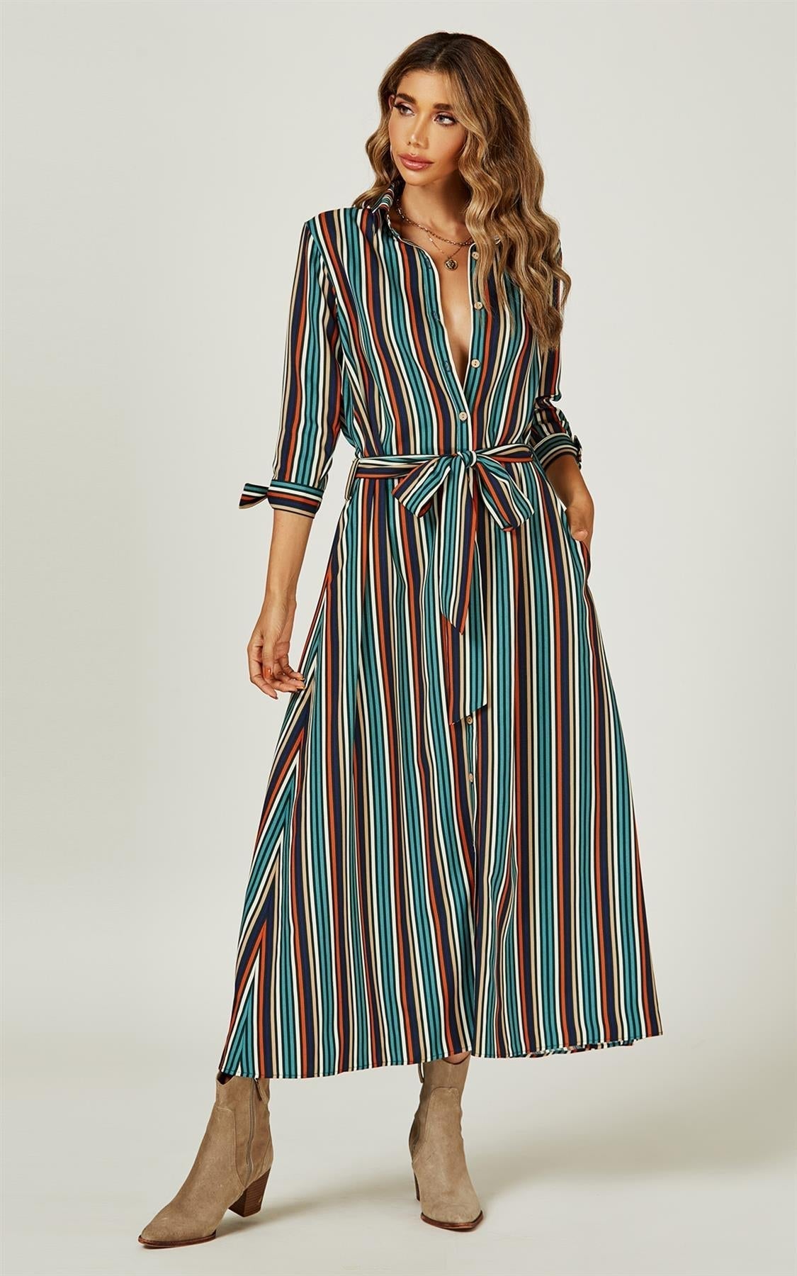 Stripe Print Maxi Shirt Dress In Navy - AXON