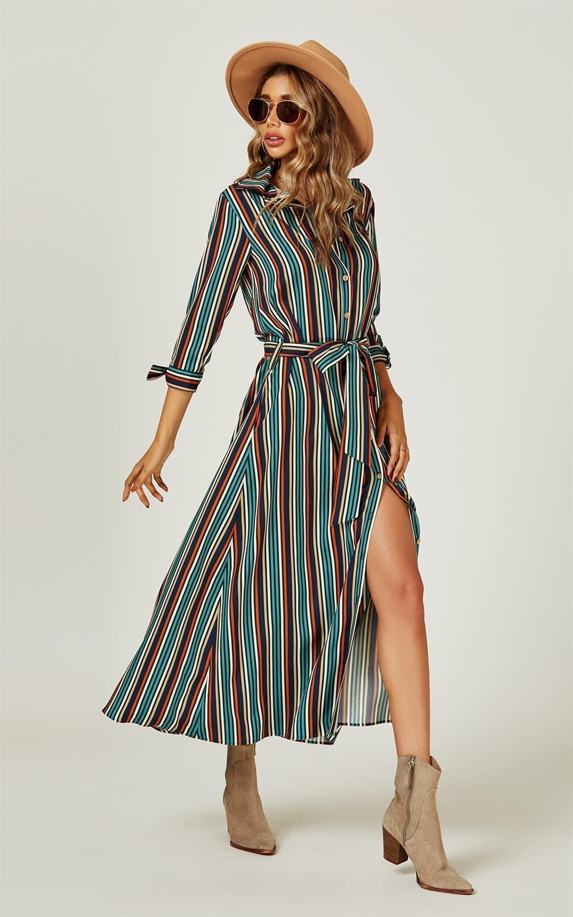 Stripe Print Maxi Shirt Dress In Navy - AXON