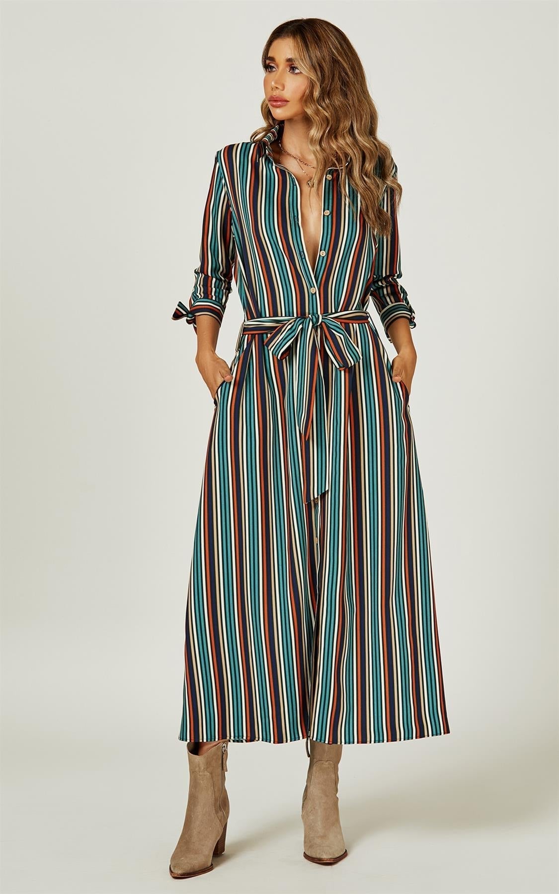 Stripe Print Maxi Shirt Dress In Navy - AXON