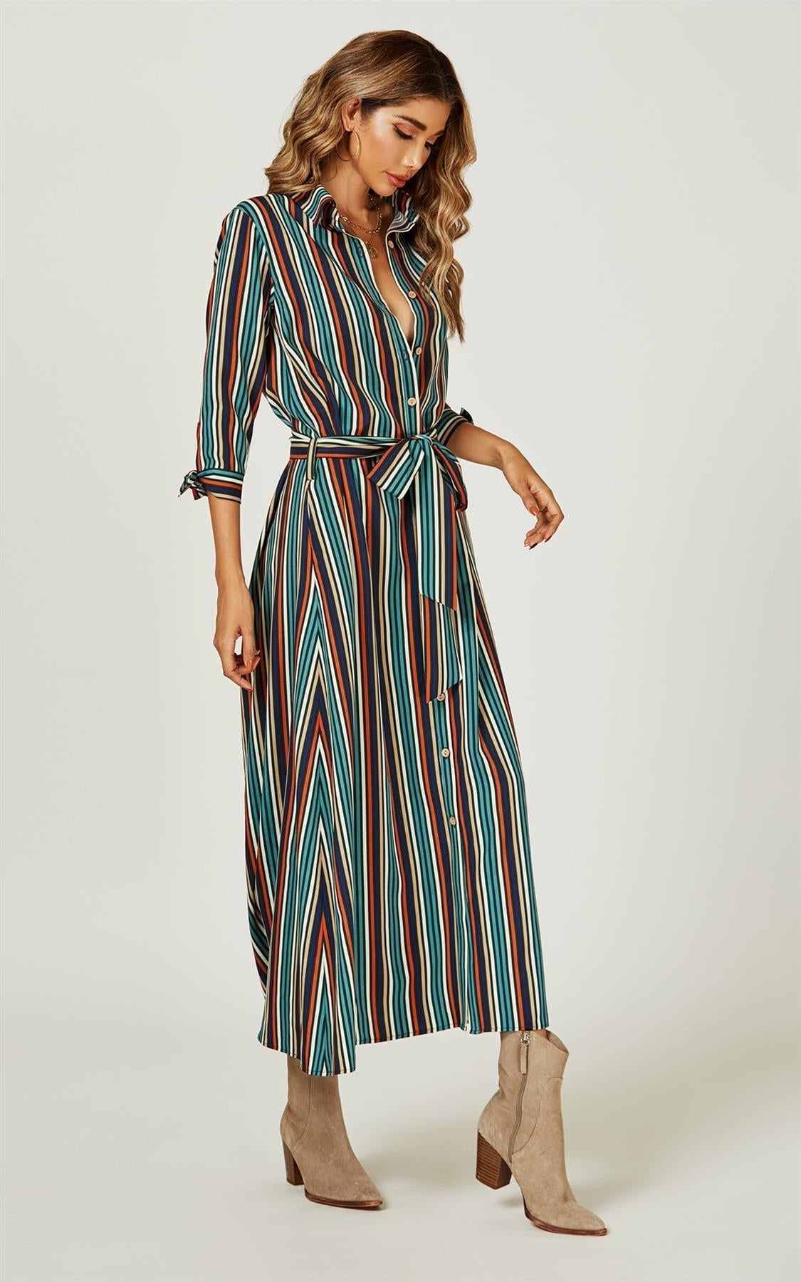 Stripe Print Maxi Shirt Dress In Navy - AXON