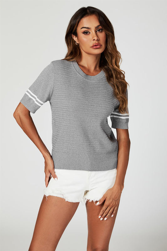 Striped Detail Knitted T-Shirt with Crew Neck In Grey - AXON