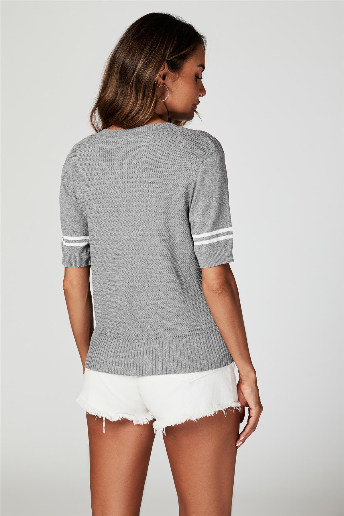 Striped Detail Knitted T-Shirt with Crew Neck In Grey - AXON
