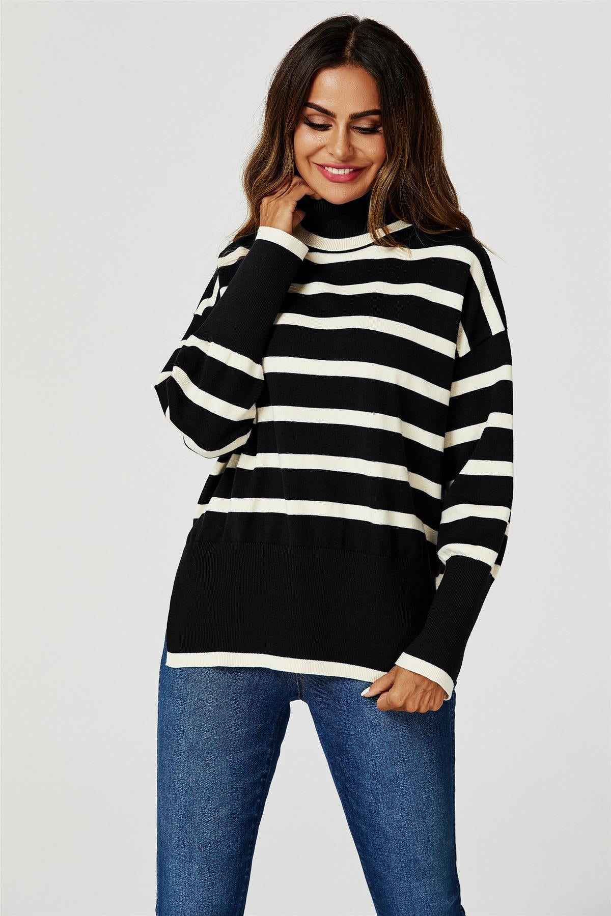 Stripes Pattern Turtleneck Jumper Top In Black - AXON