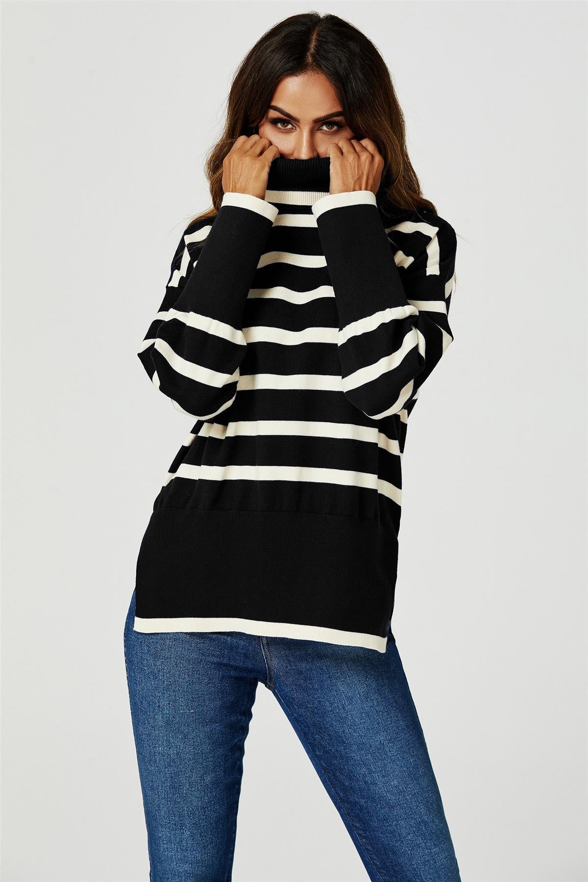 Stripes Pattern Turtleneck Jumper Top In Black - AXON