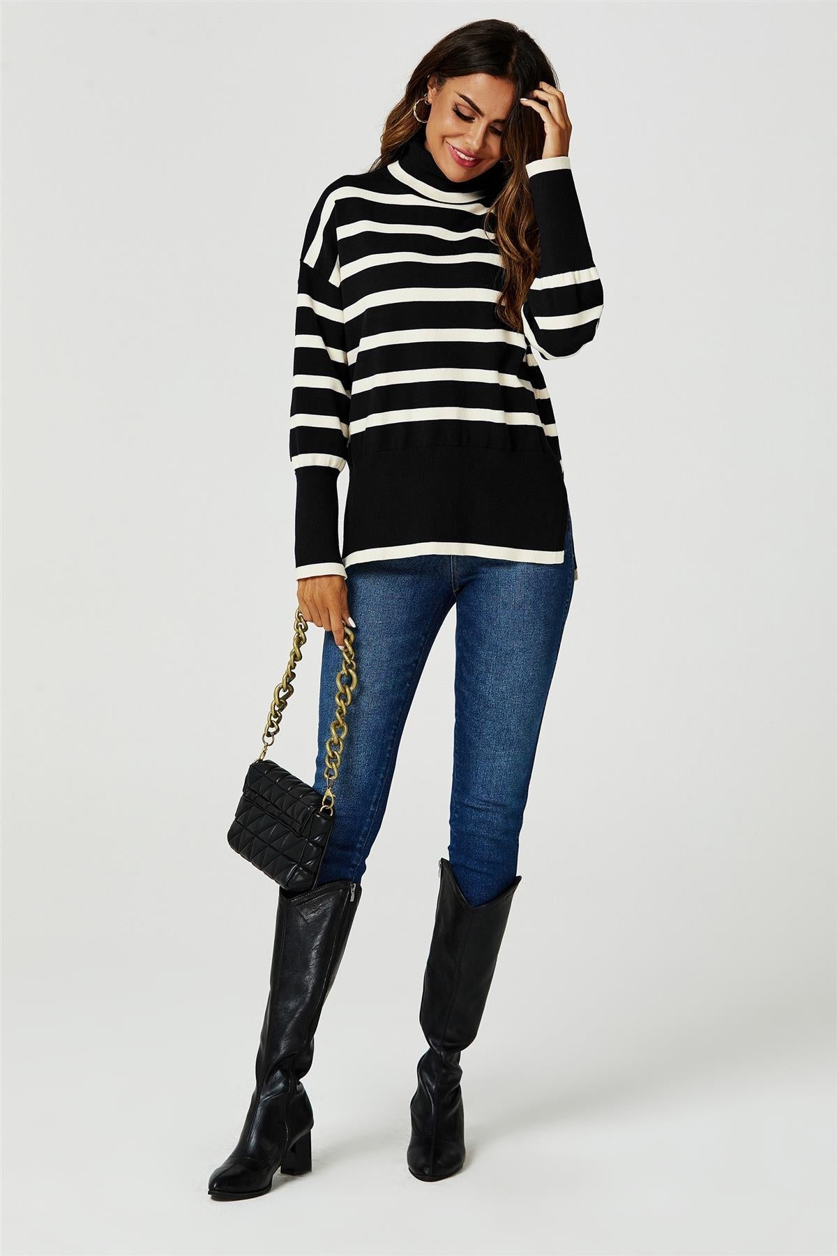 Stripes Pattern Turtleneck Jumper Top In Black - AXON