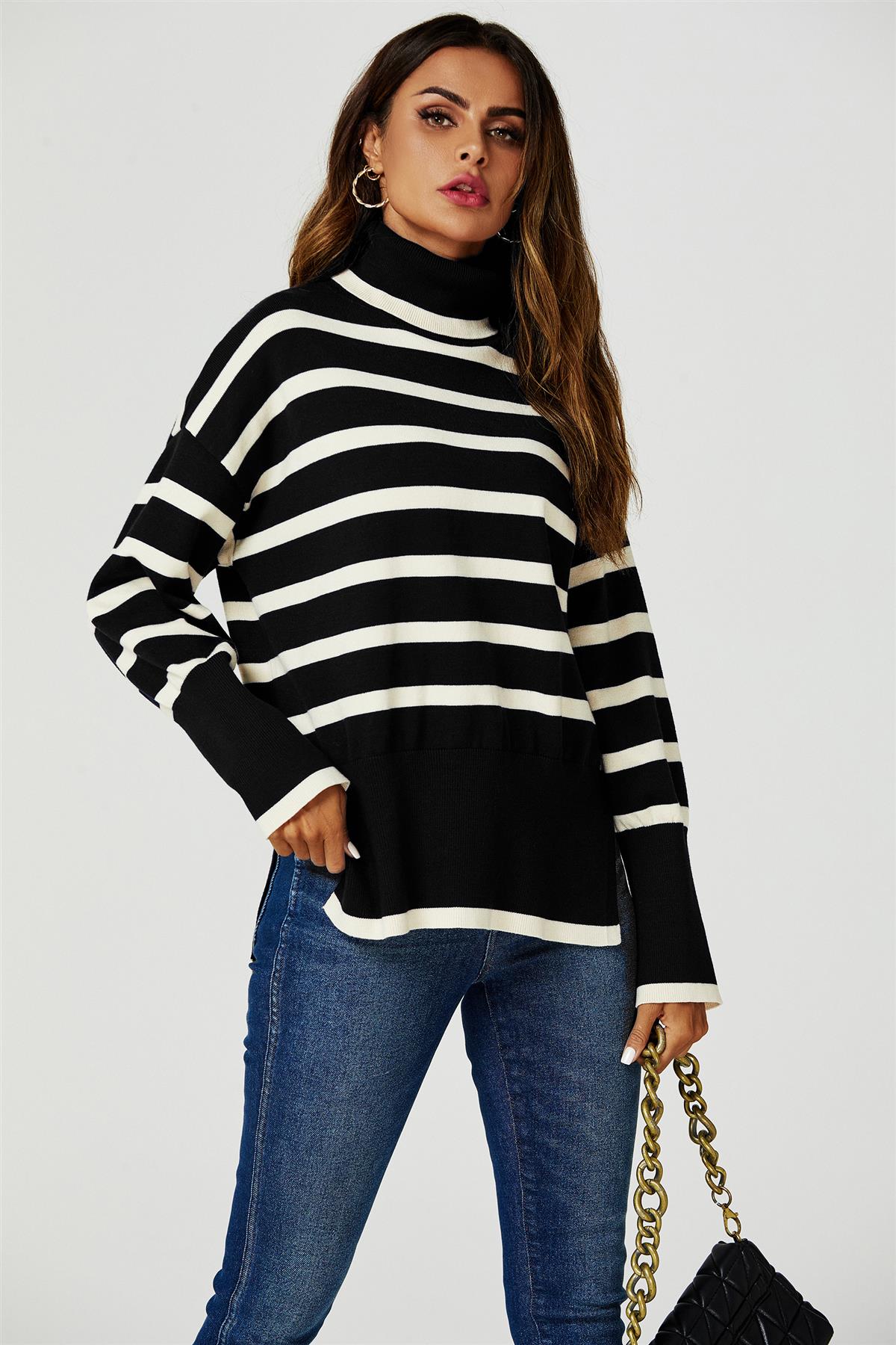 Stripes Pattern Turtleneck Jumper Top In Black - AXON