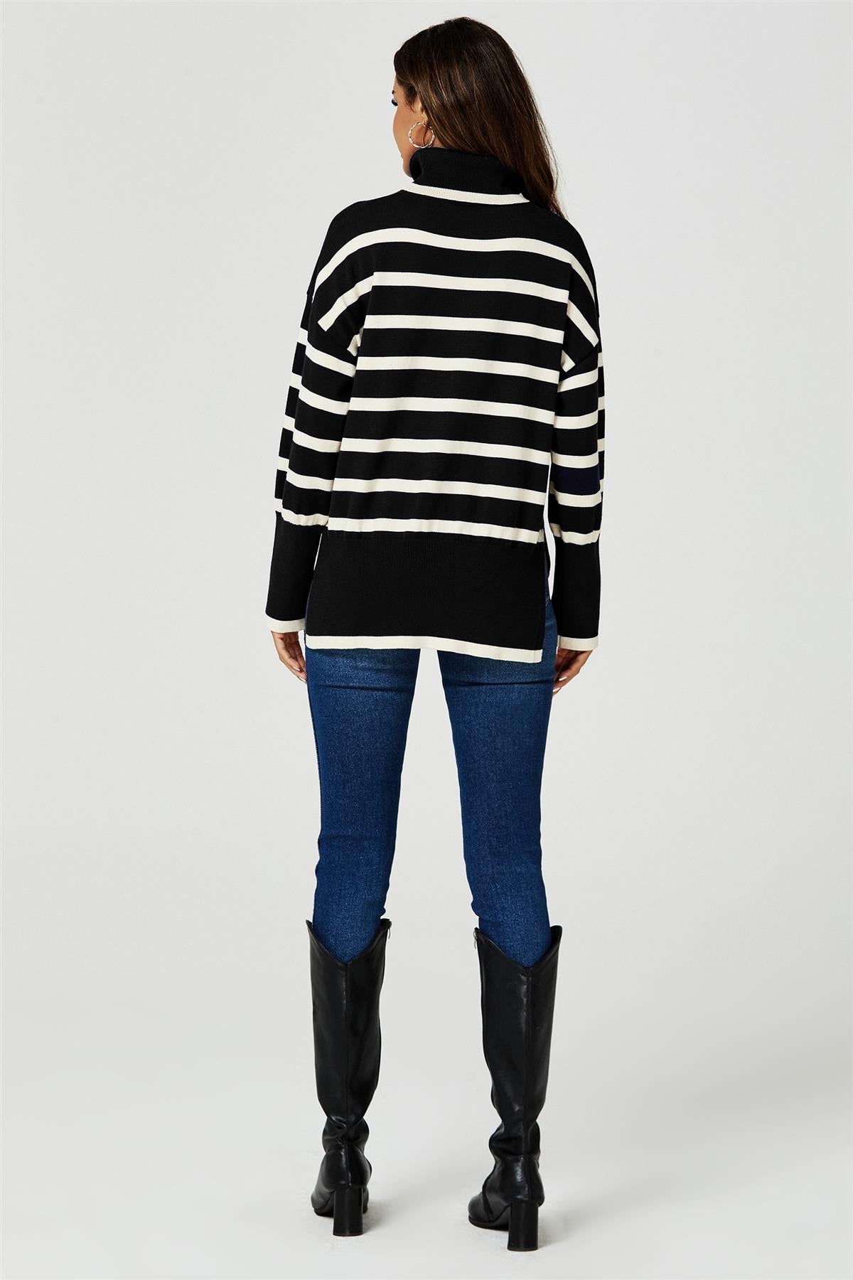Stripes Pattern Turtleneck Jumper Top In Black - AXON