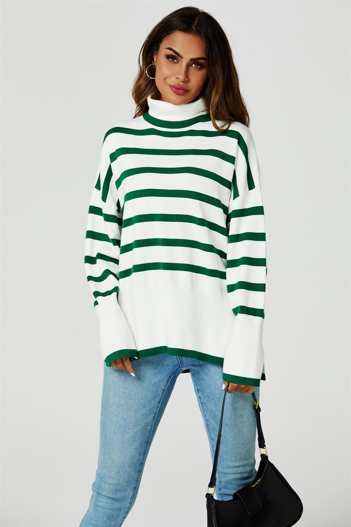 Stripes Pattern Turtleneck Jumper Top In Green - AXON