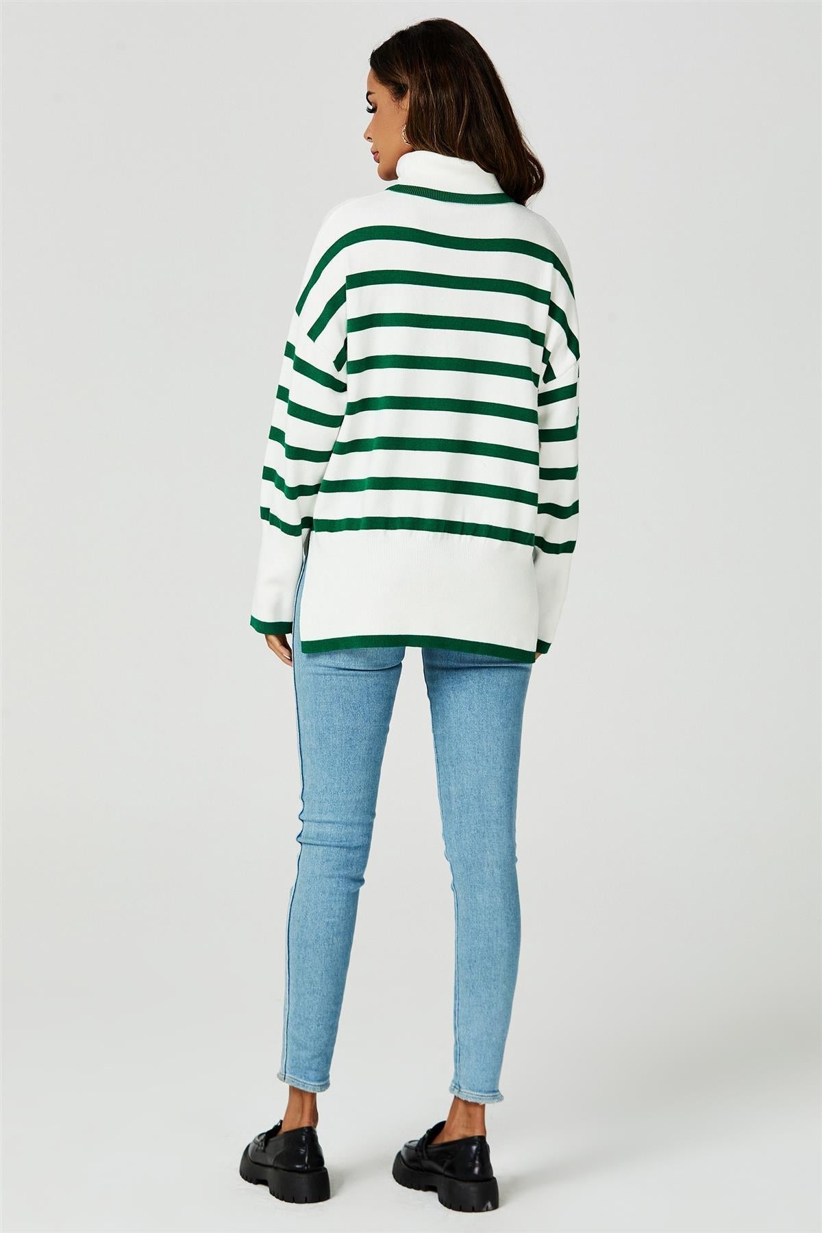 Stripes Pattern Turtleneck Jumper Top In Green - AXON