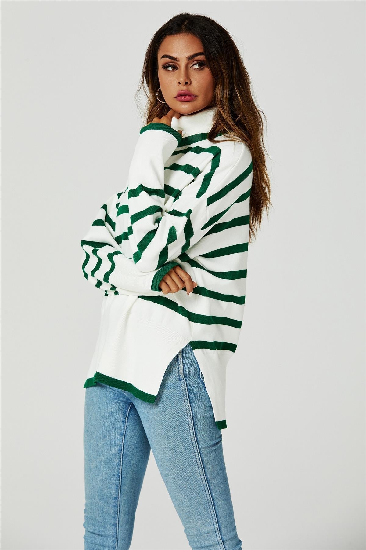 Stripes Pattern Turtleneck Jumper Top In Green - AXON