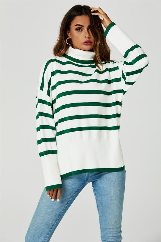 Stripes Pattern Turtleneck Jumper Top In Green - AXON