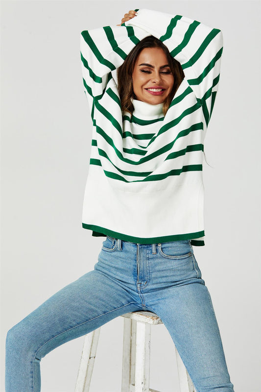 Stripes Pattern Turtleneck Jumper Top In Green - AXON