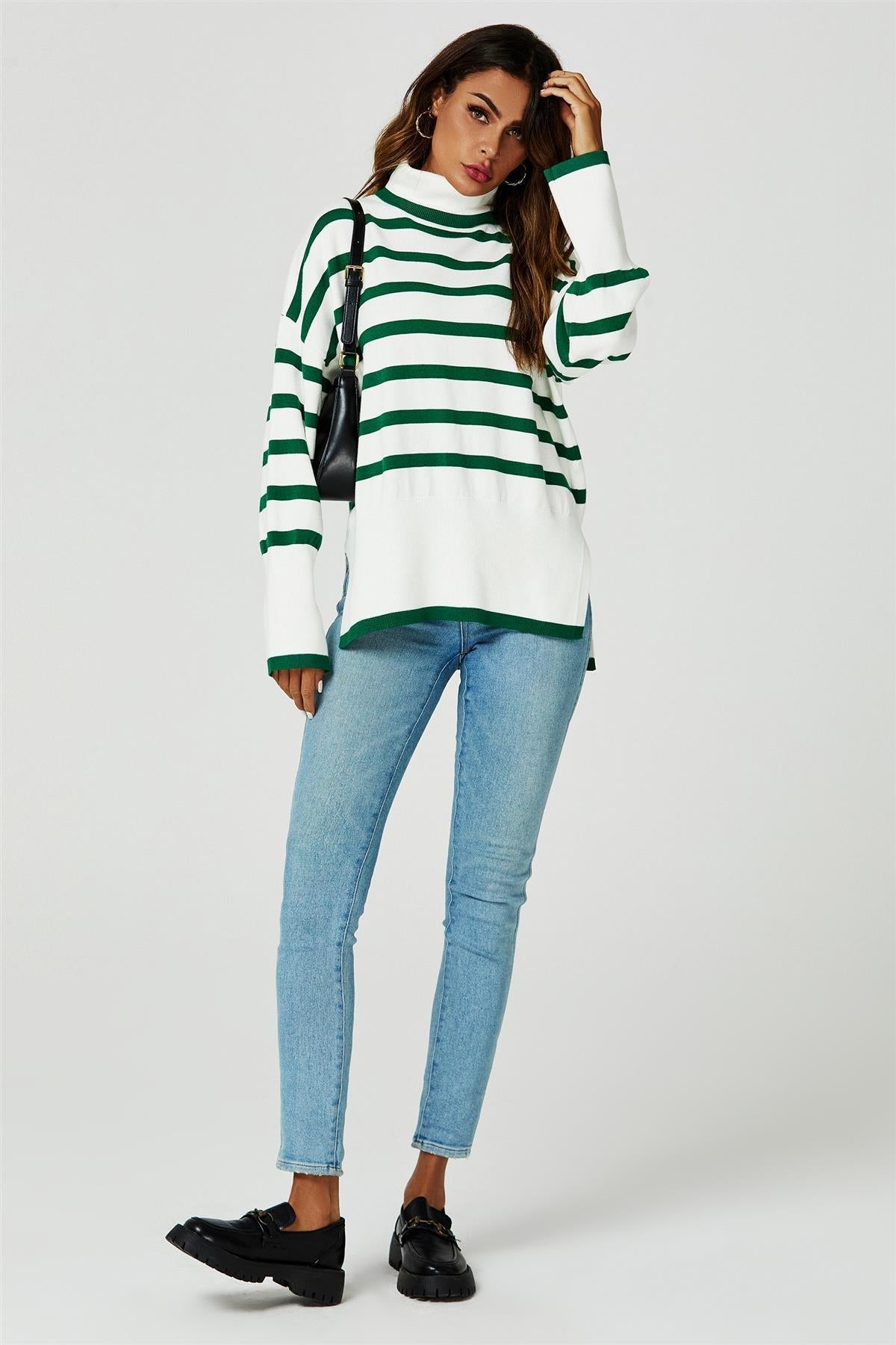 Stripes Pattern Turtleneck Jumper Top In Green - AXON