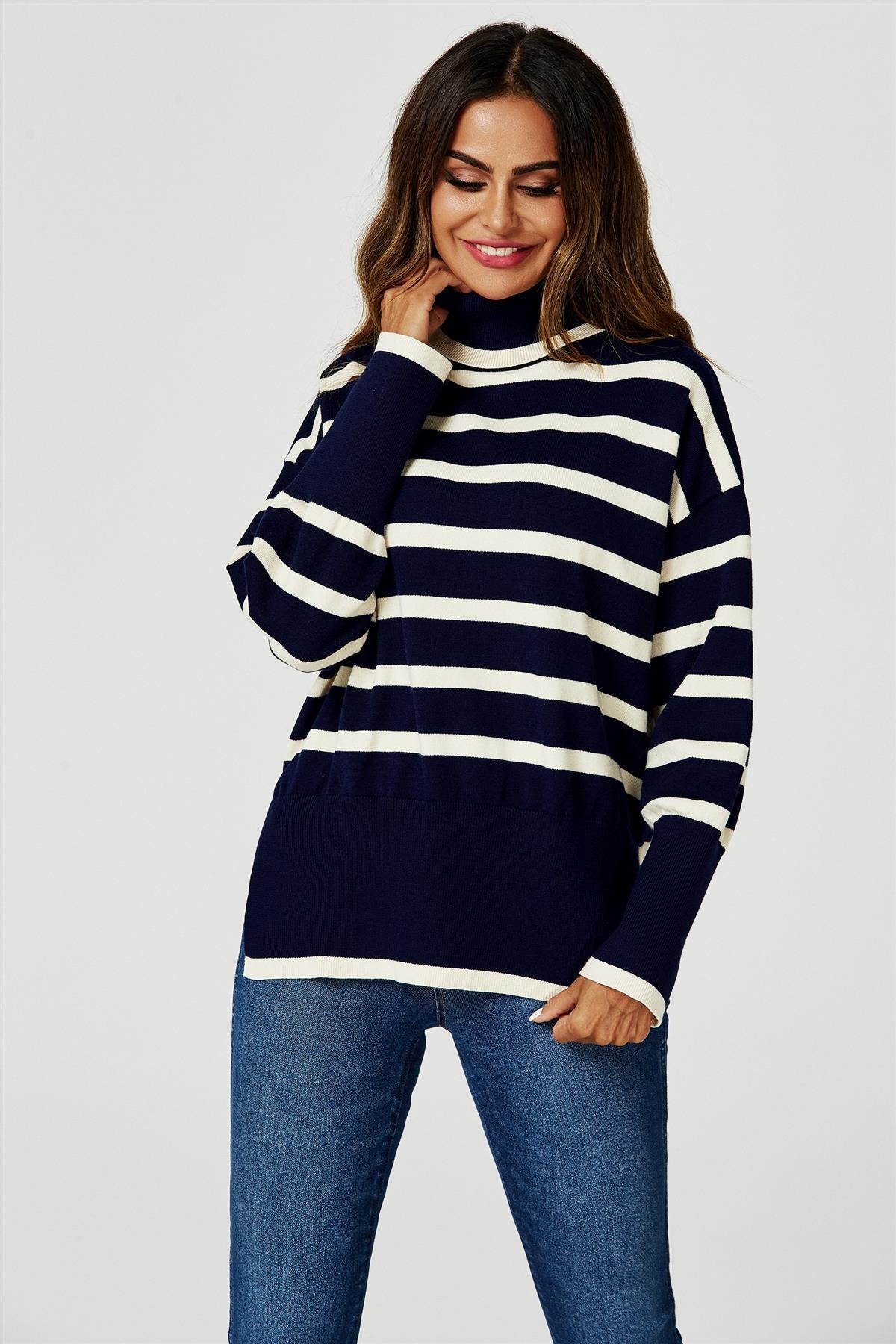 Stripes Pattern Turtleneck Jumper Top In Navy - AXON