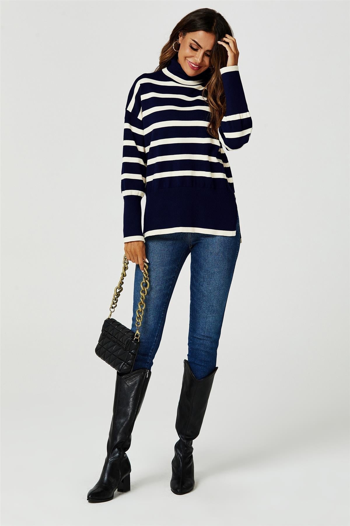 Stripes Pattern Turtleneck Jumper Top In Navy - AXON