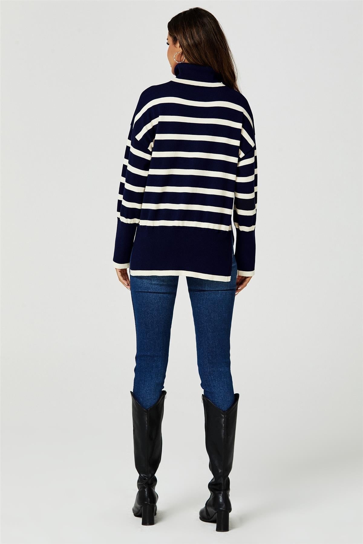 Stripes Pattern Turtleneck Jumper Top In Navy - AXON