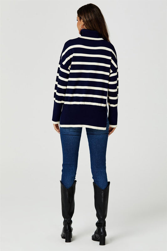 Stripes Pattern Turtleneck Jumper Top In Navy - AXON