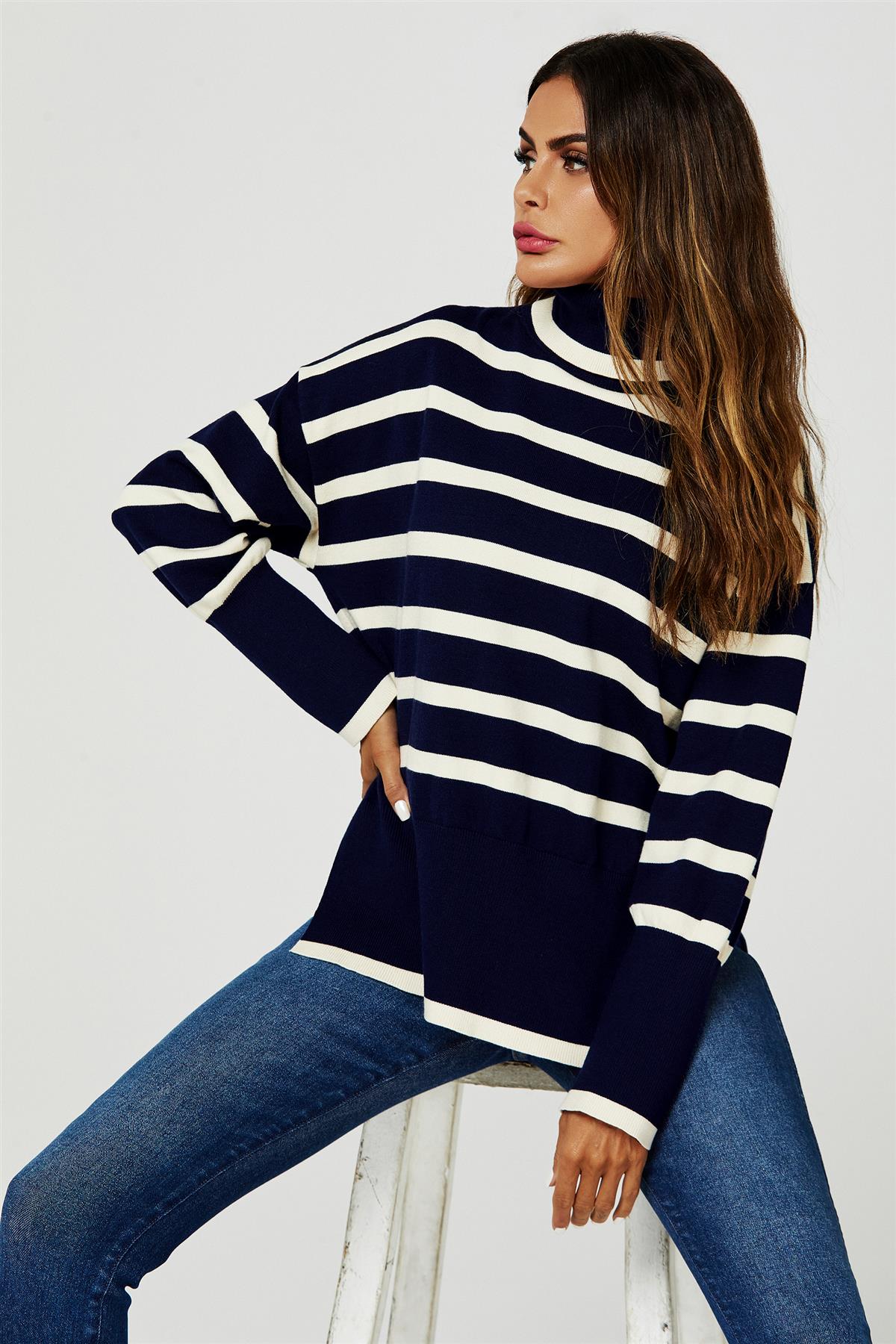 Stripes Pattern Turtleneck Jumper Top In Navy - AXON