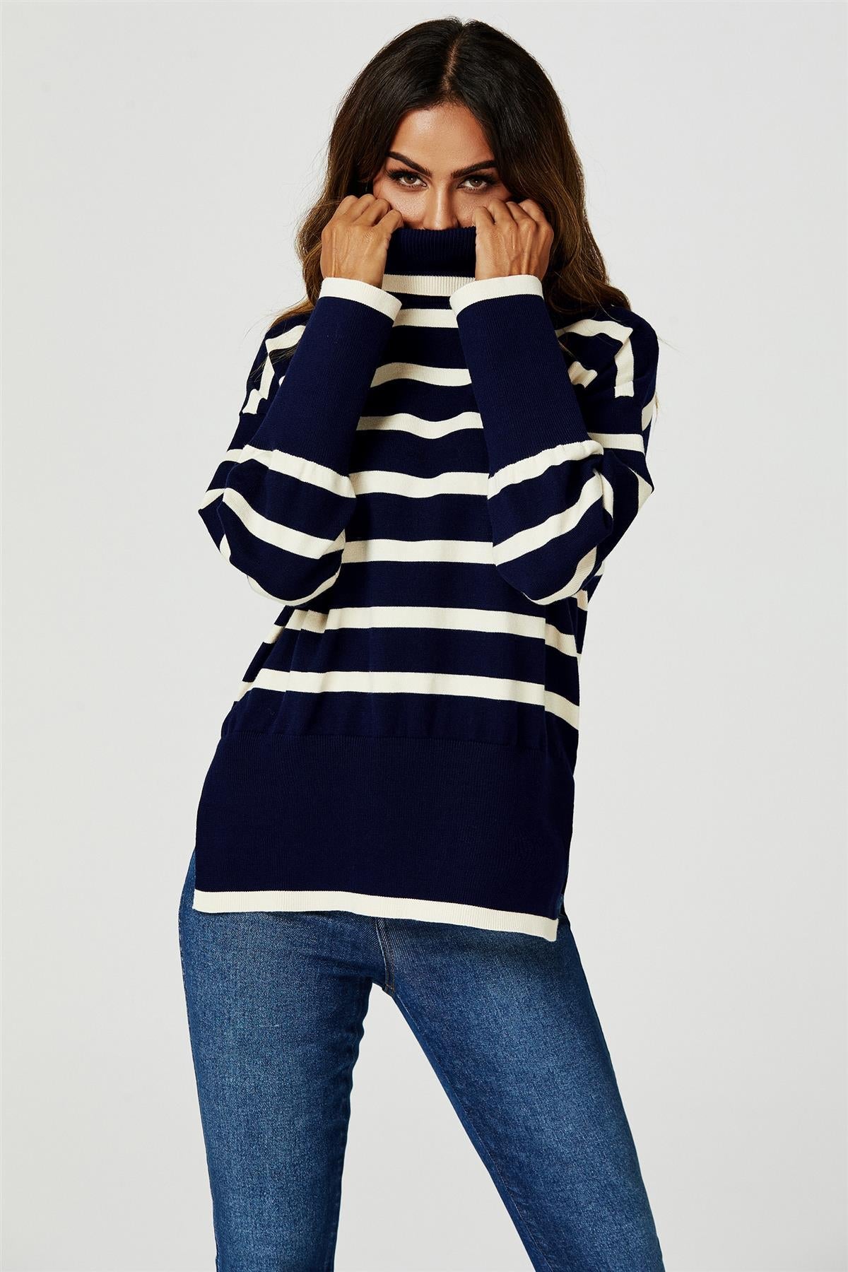 Stripes Pattern Turtleneck Jumper Top In Navy - AXON