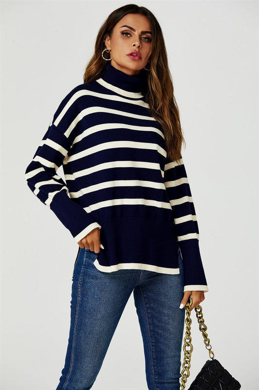 Stripes Pattern Turtleneck Jumper Top In Navy - AXON
