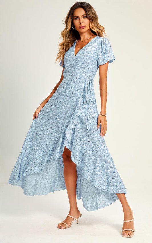 Summer Floral Print Hem Wrap Midi Dress In Blue - AXON