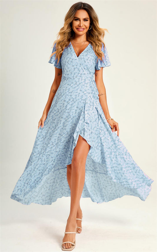 Summer Floral Print Hem Wrap Midi Dress In Blue - AXON