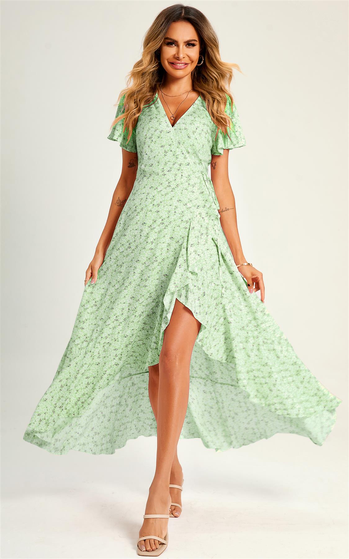 Summer Floral Print Hem Wrap Midi Dress In Mint Green - AXON