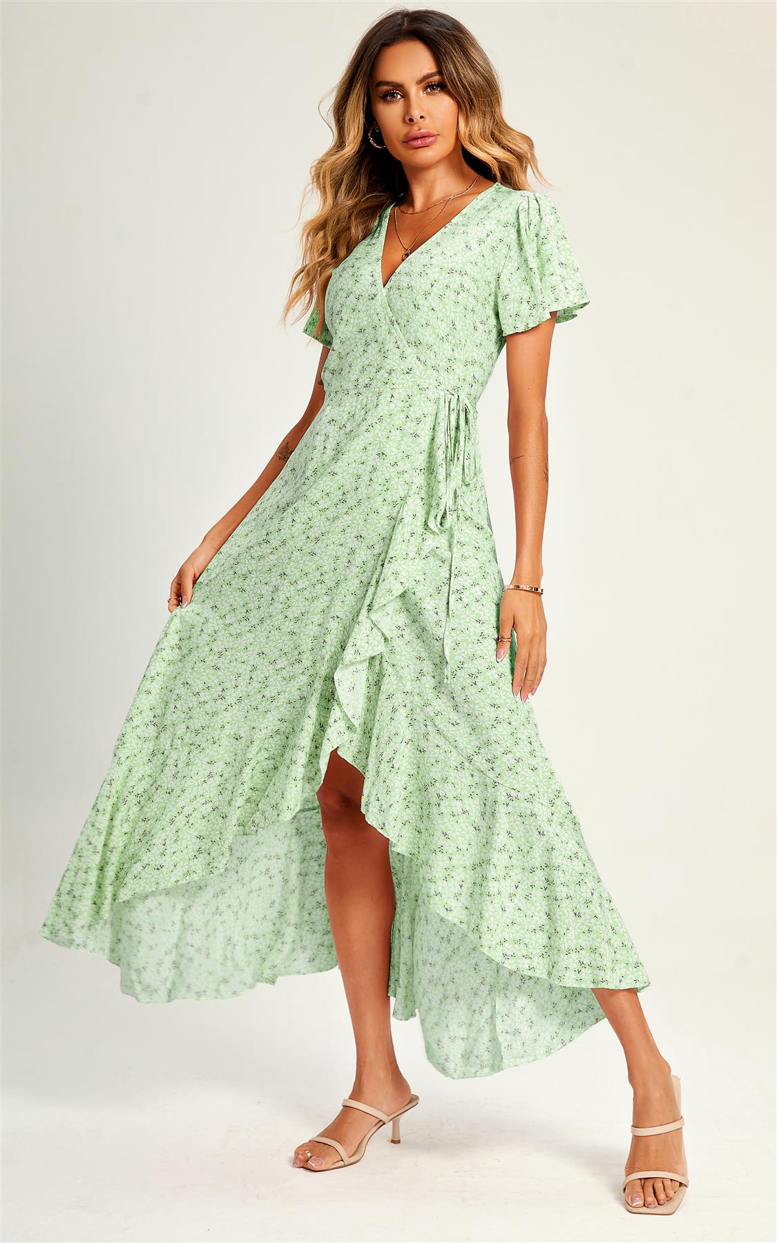 Summer Floral Print Hem Wrap Midi Dress In Mint Green - AXON