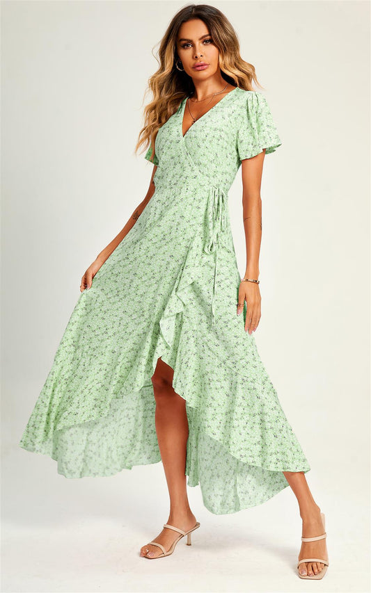 Summer Floral Print Hem Wrap Midi Dress In Mint Green - AXON