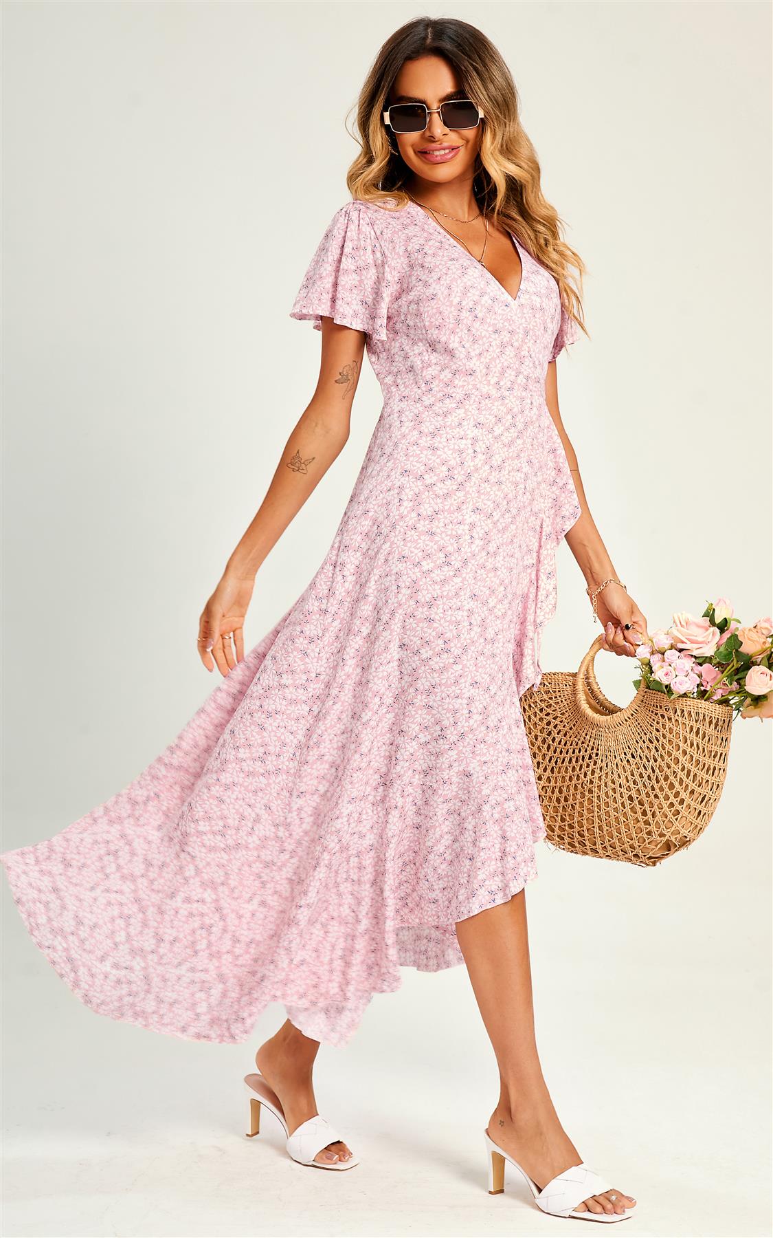 Summer Floral Print Hem Wrap Midi Dress In Pink - AXON