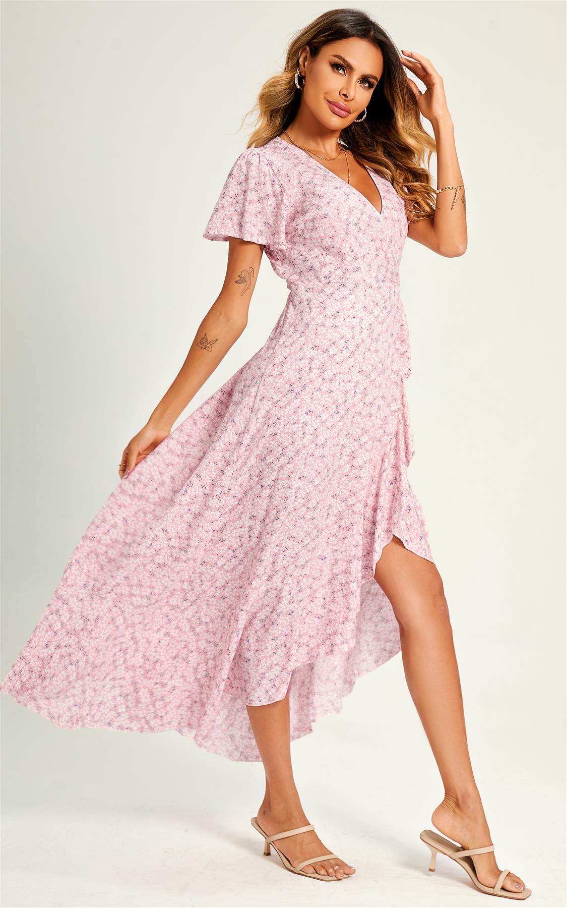 Summer Floral Print Hem Wrap Midi Dress In Pink - AXON