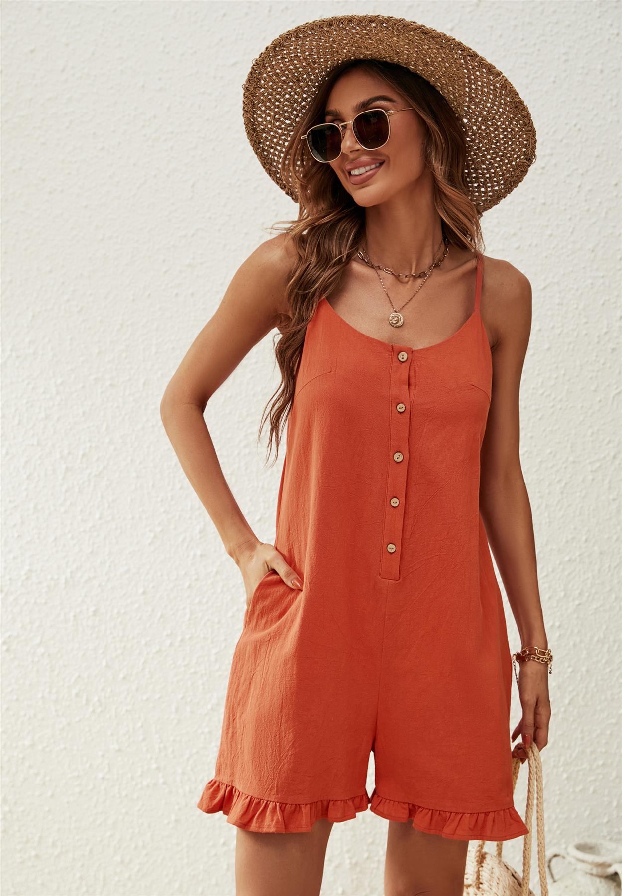 Summer Playsuit With Frill Detail In Orange - AXON