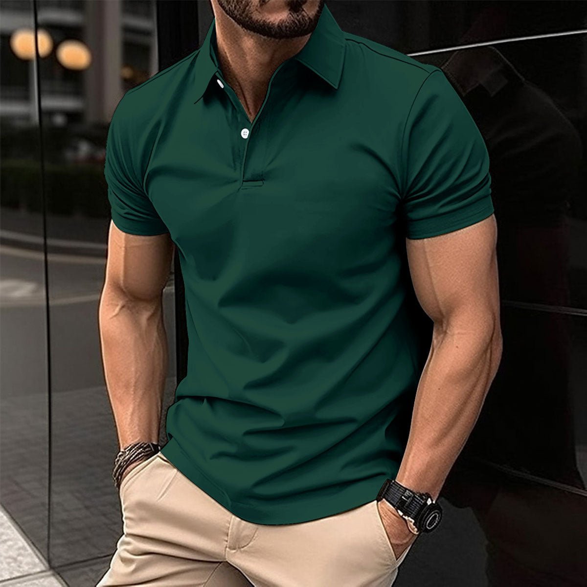Summer Short Sleeve Polo Shirt Men Solid Color Button Lapel Button Top - AXON