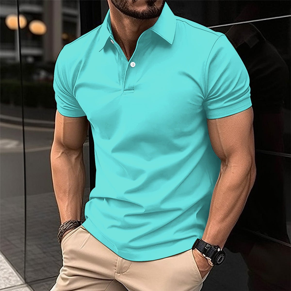 Summer Short Sleeve Polo Shirt Men Solid Color Button Lapel Button Top - AXON