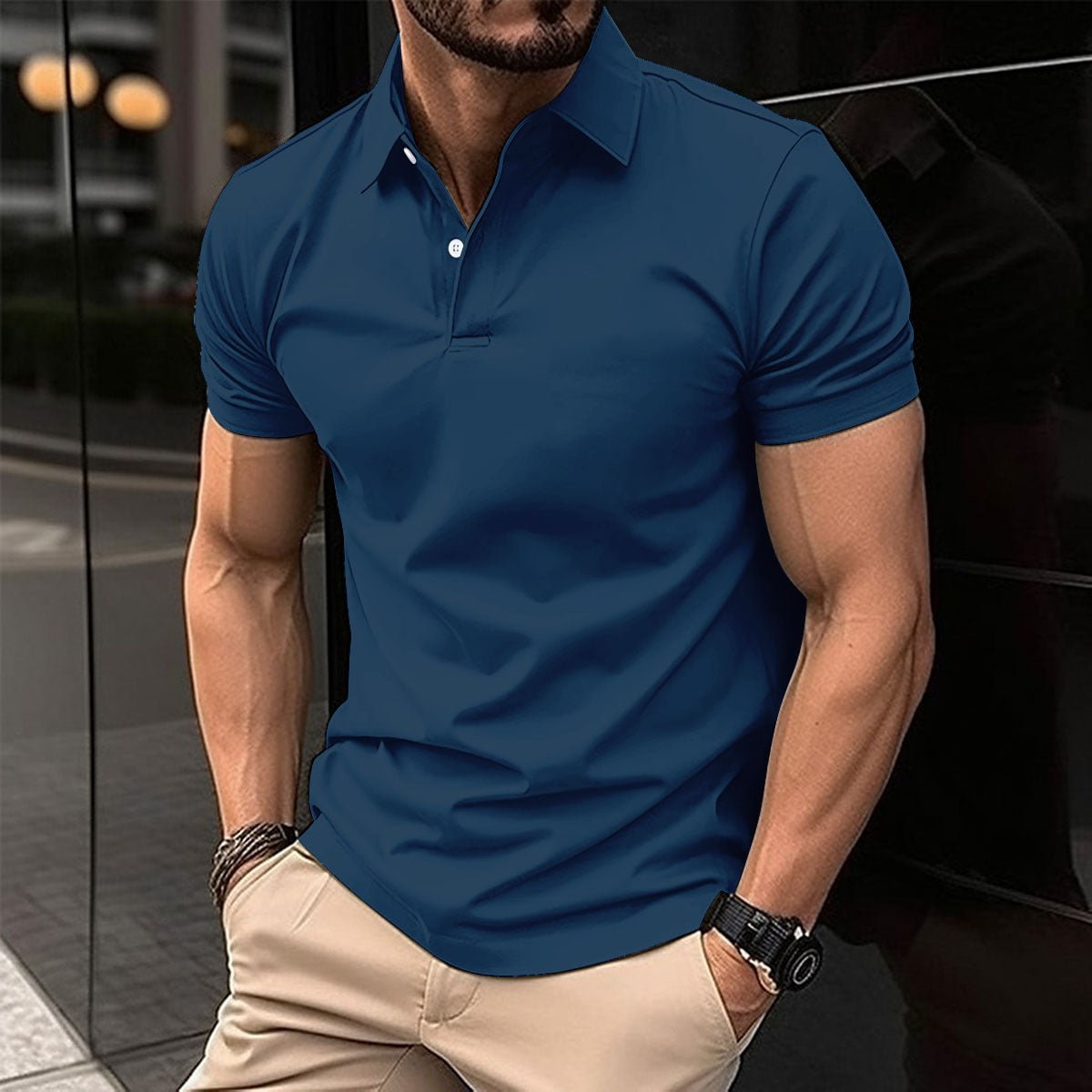 Summer Short Sleeve Polo Shirt Men Solid Color Button Lapel Button Top - AXON