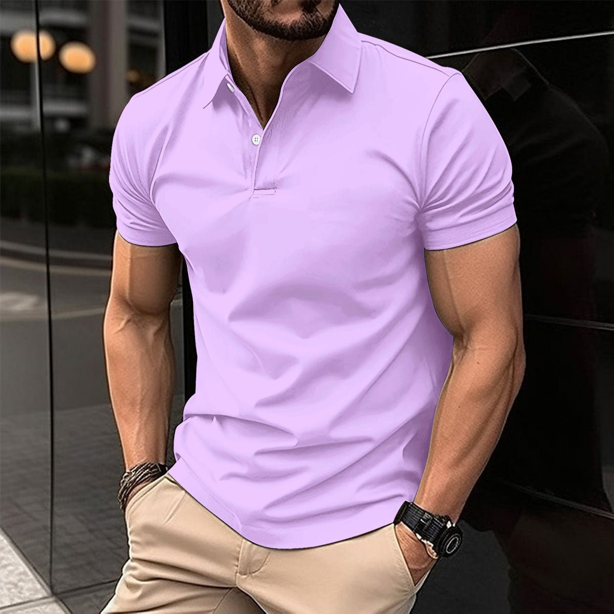 Summer Short Sleeve Polo Shirt Men Solid Color Button Lapel Button Top - AXON