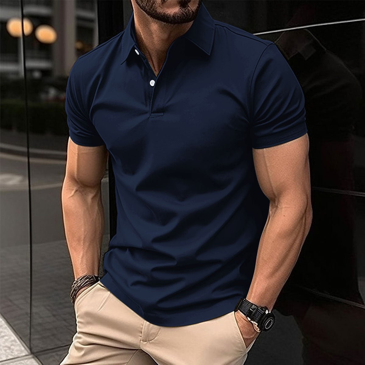 Summer Short Sleeve Polo Shirt Men Solid Color Button Lapel Button Top - AXON