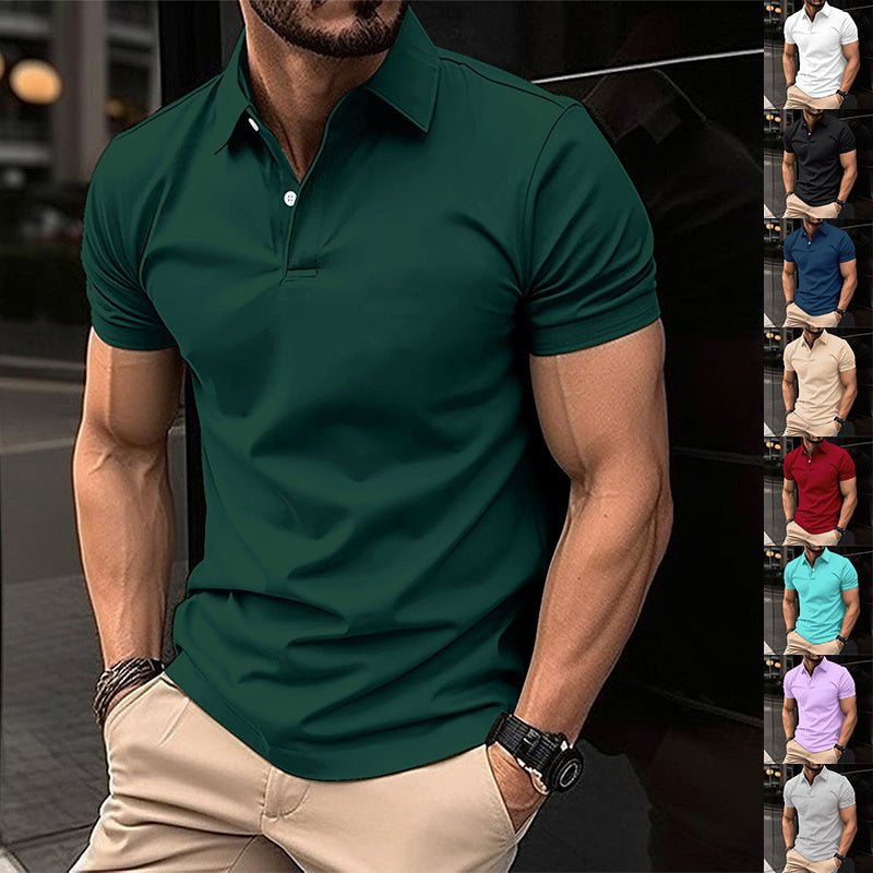 Summer Short Sleeve Polo Shirt Men Solid Color Button Lapel Button Top - AXON