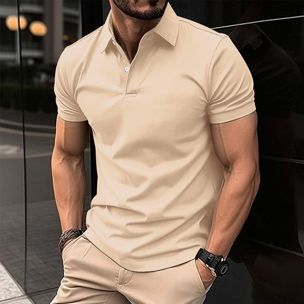 Summer Short Sleeve Polo Shirt Men Solid Color Button Lapel Button Top - AXON