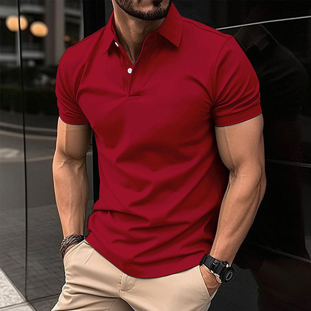 Summer Short Sleeve Polo Shirt Men Solid Color Button Lapel Button Top - AXON