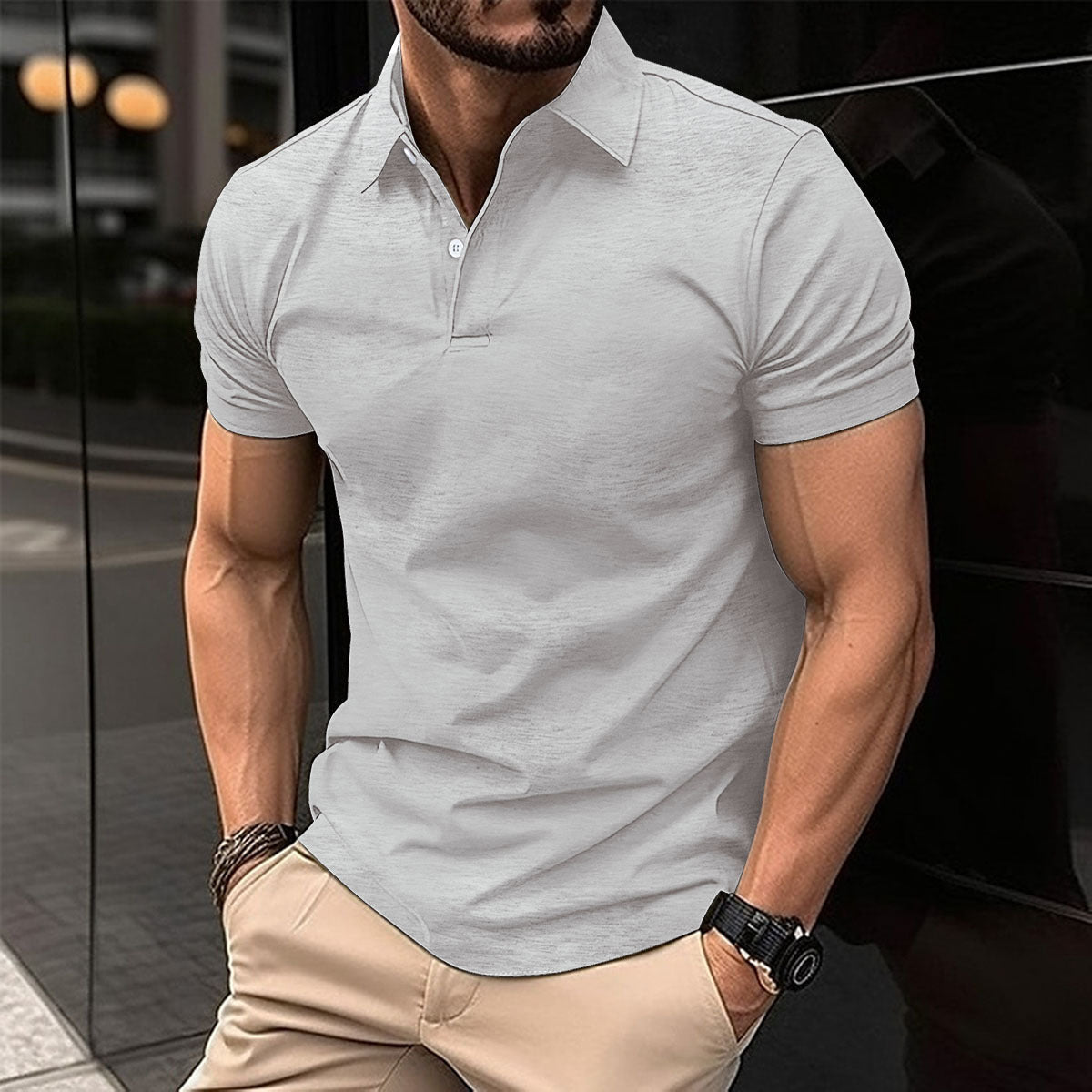 Summer Short Sleeve Polo Shirt Men Solid Color Button Lapel Button Top - AXON