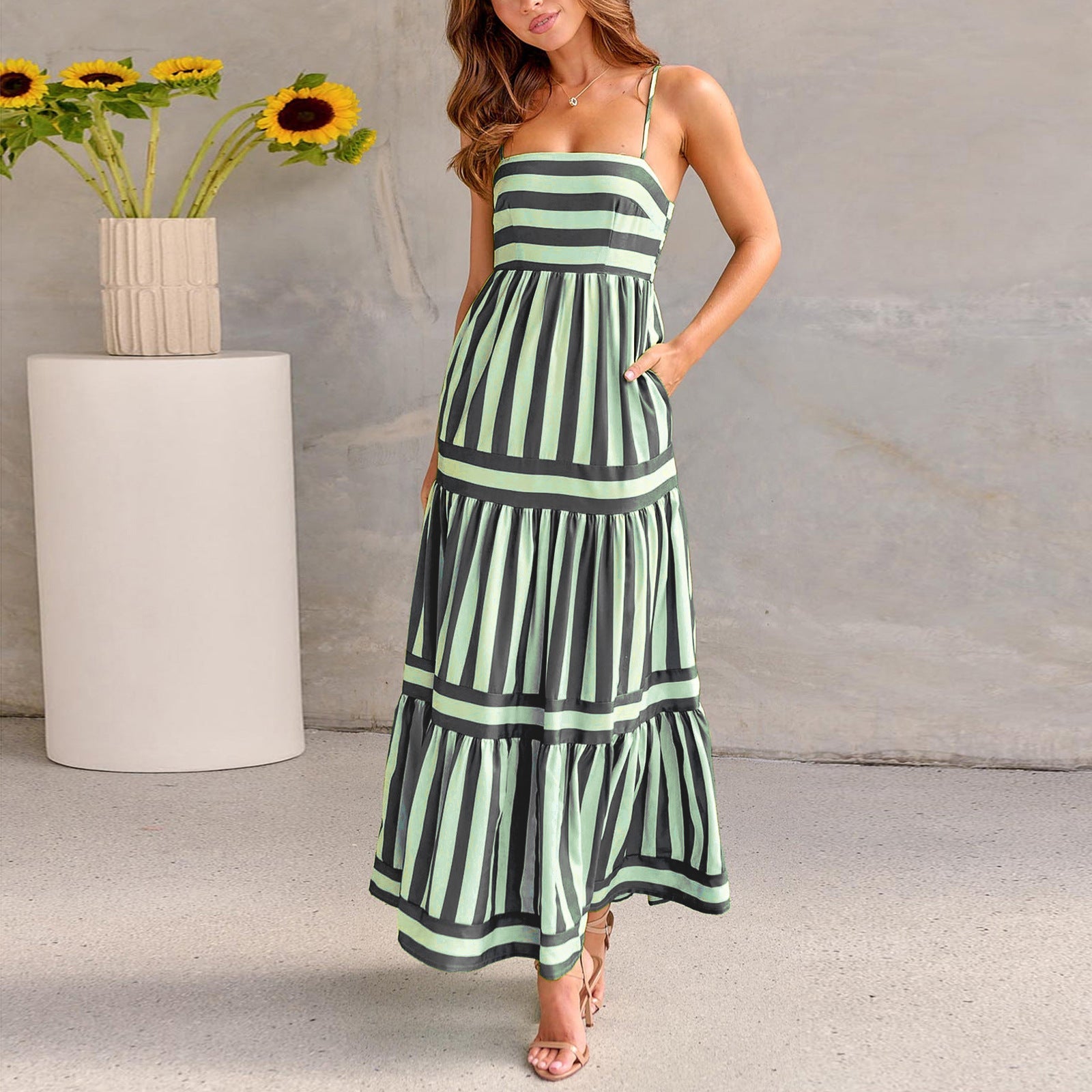 Summer Striped Printed Suspender Long Dress With Pockets Fashion Square Neck Backless Dresses For Beach Vacation Women Clothing - AXON