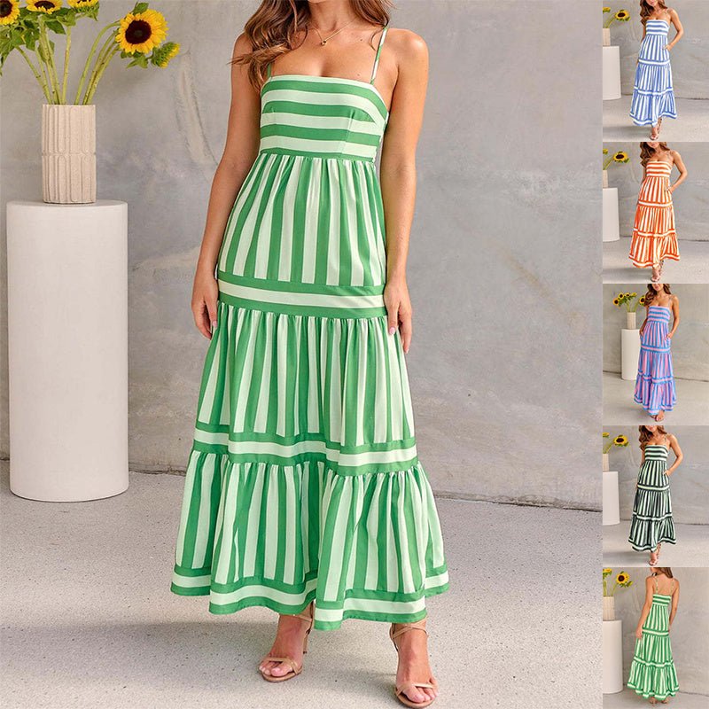 Summer Striped Printed Suspender Long Dress With Pockets Fashion Square Neck Backless Dresses For Beach Vacation Women Clothing - AXON