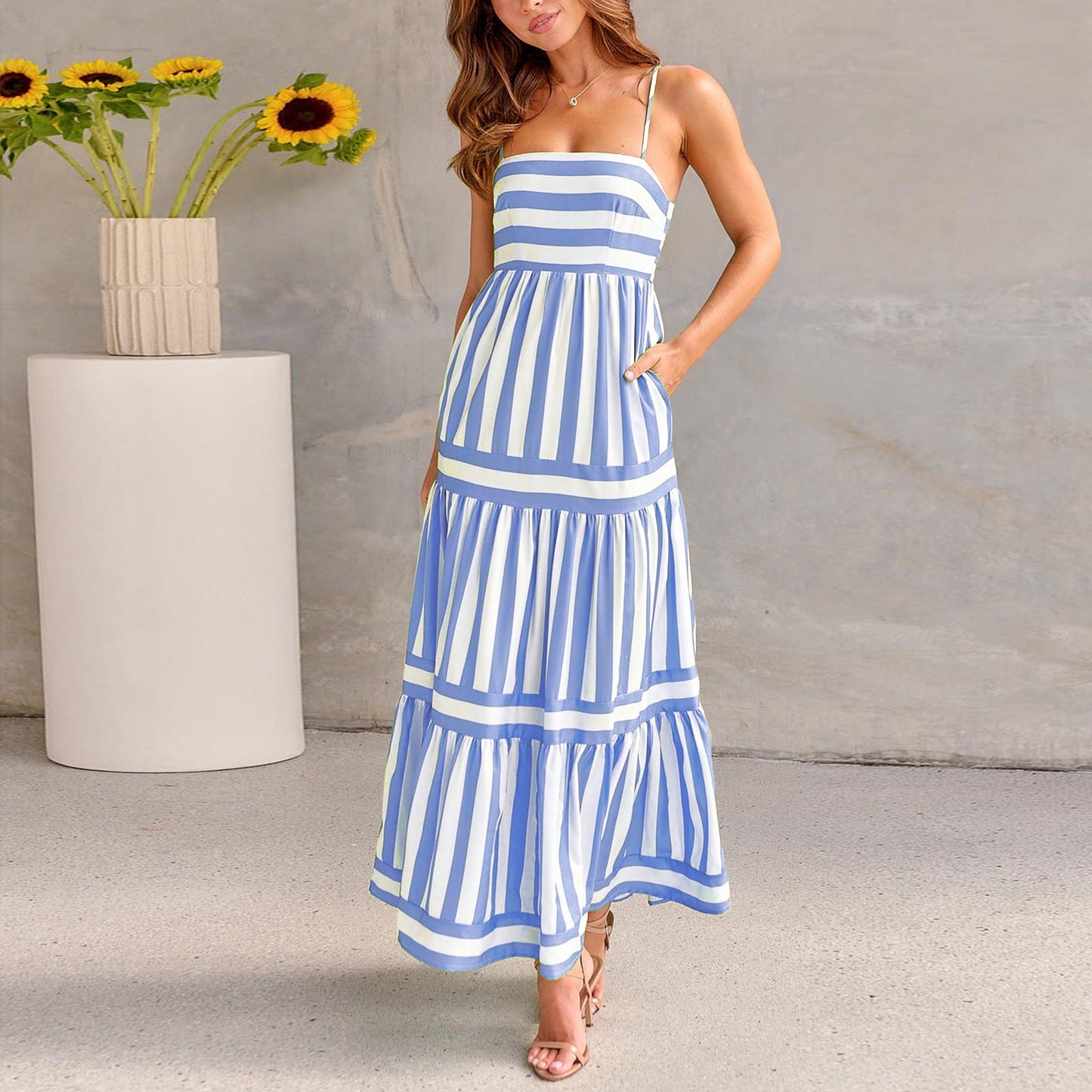 Summer Striped Printed Suspender Long Dress With Pockets Fashion Square Neck Backless Dresses For Beach Vacation Women Clothing - AXON