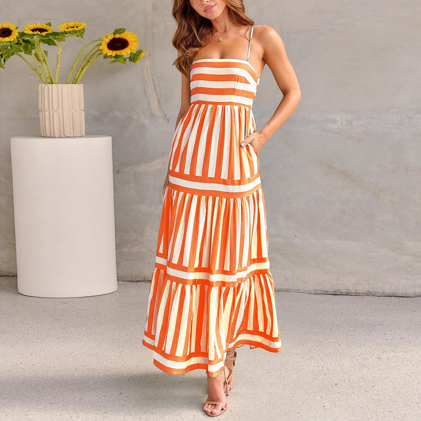 Summer Striped Printed Suspender Long Dress With Pockets Fashion Square Neck Backless Dresses For Beach Vacation Women Clothing - AXON