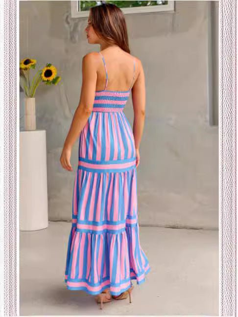 Summer Striped Printed Suspender Long Dress With Pockets Fashion Square Neck Backless Dresses For Beach Vacation Women Clothing - AXON
