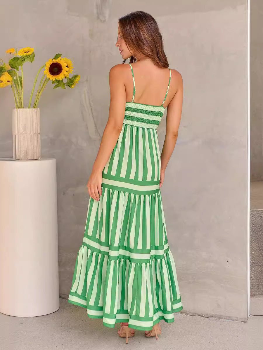 Summer Striped Printed Suspender Long Dress With Pockets Fashion Square Neck Backless Dresses For Beach Vacation Women Clothing - AXON