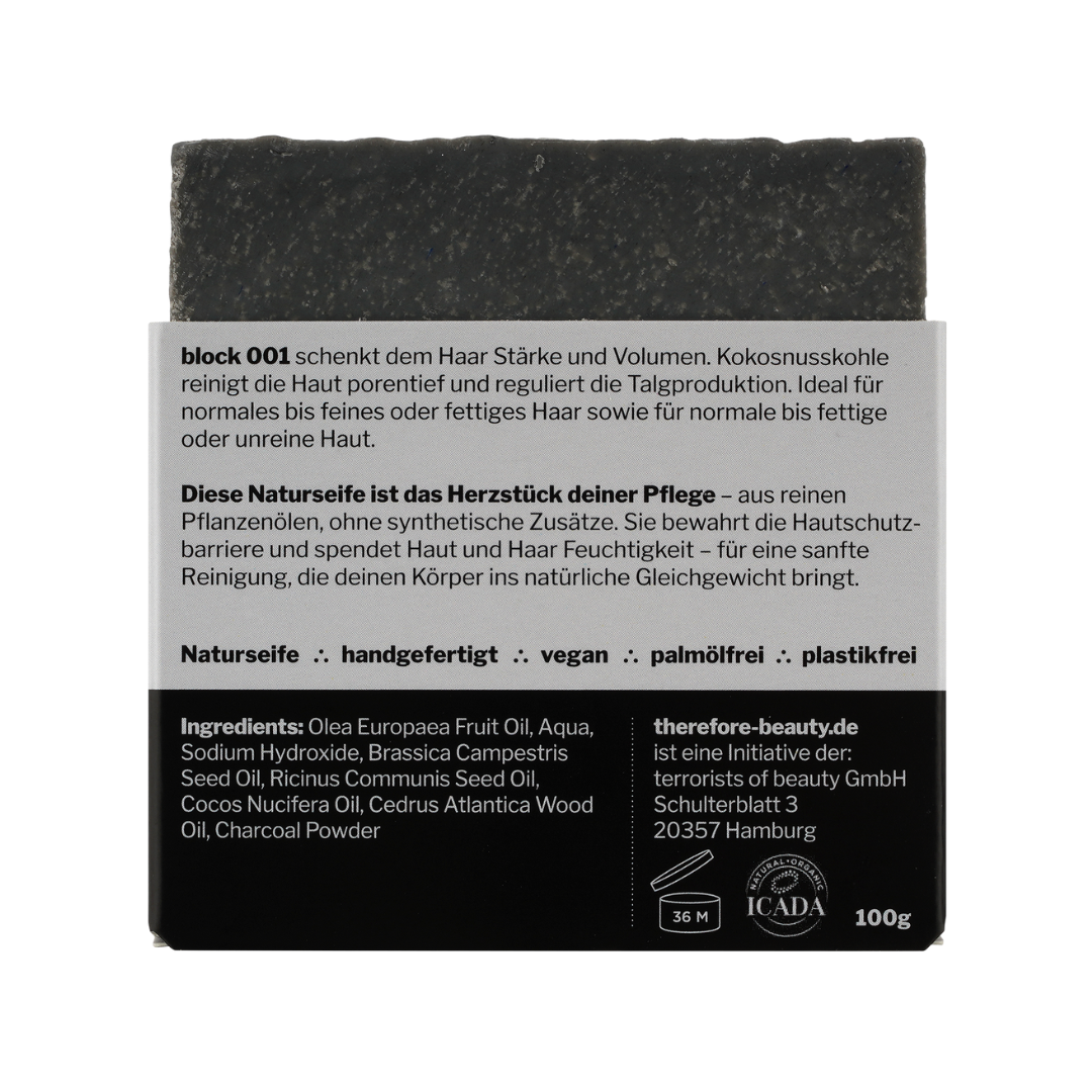 Seife block 001 | bei unreiner, fettiger Haut | bei fettigem Haar | mit Aktivkohle + Zedernöl