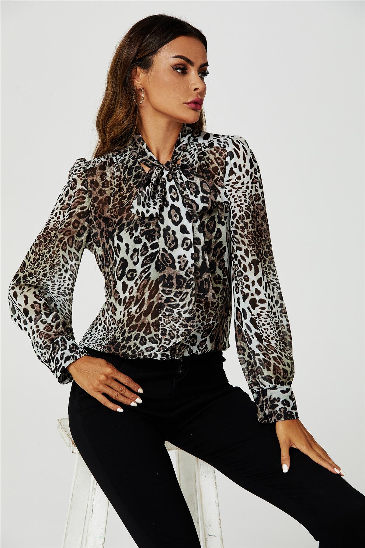 Tie Detail long sleeve Blouse Top In Beige - AXON