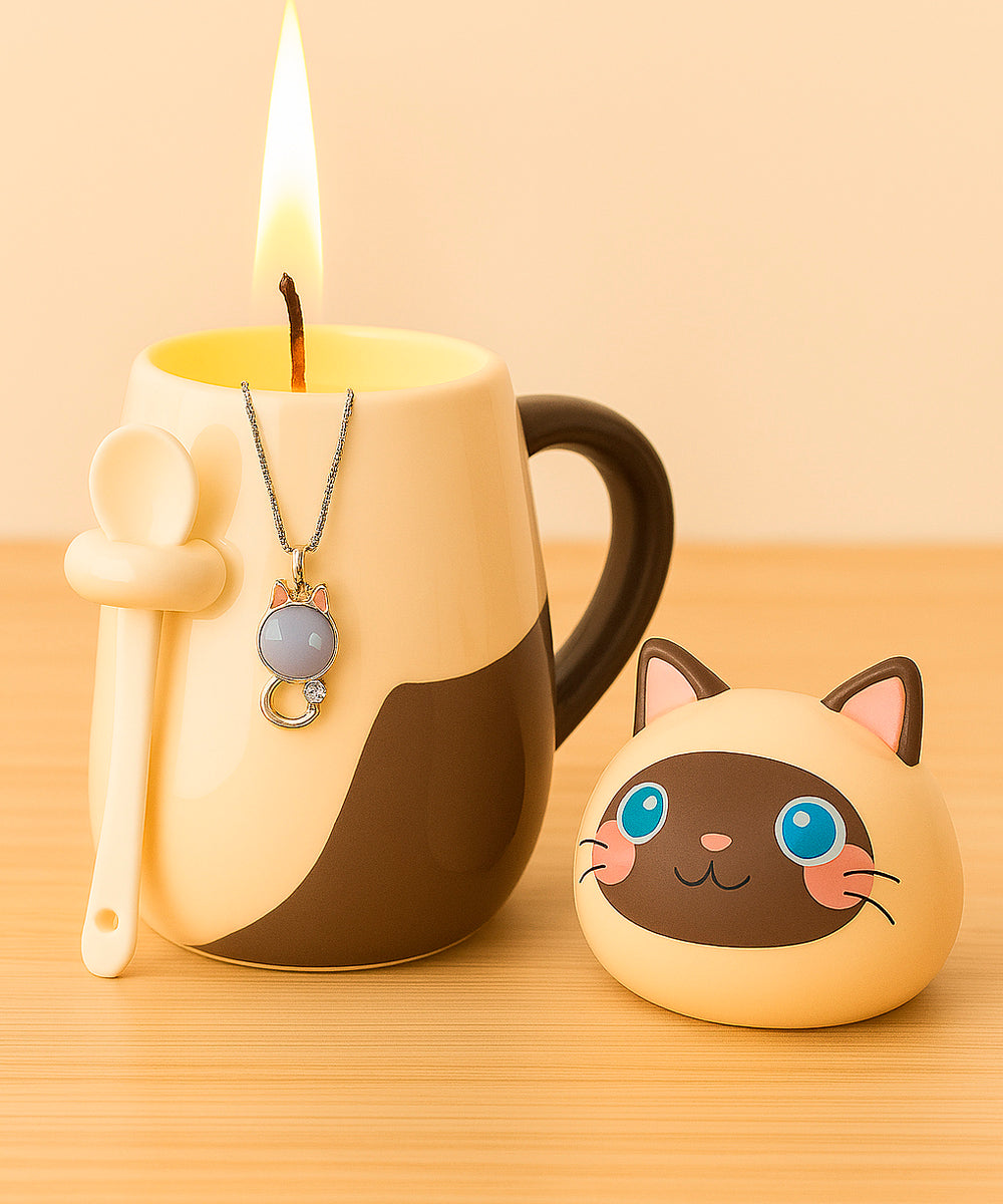 Schmuck Duftkerze mit Motiv Katze, in Keramiktasse mit Deckel und Löffel